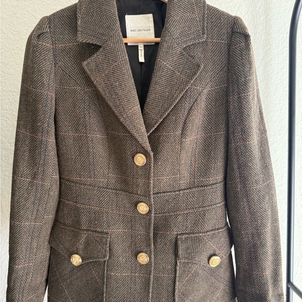 Avec Les Filles Tweed Blazer – Herringbone Plaid – Gold Buttons – XXS